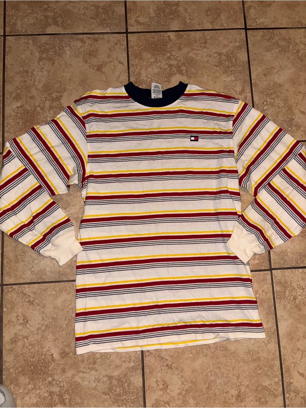 Tommy Hilfiger Navy Collar Striped Tee with Red & Yellow Bands
